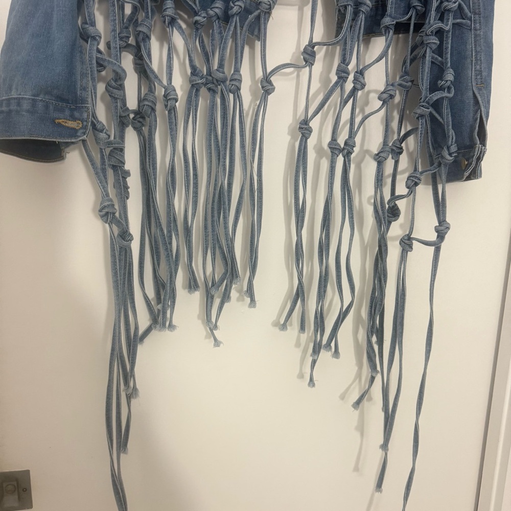 Cropped Denim Fringe Jean Jacket Back Hollow Out Knotted Tassel Distressed XXL - Picture 13 of 14